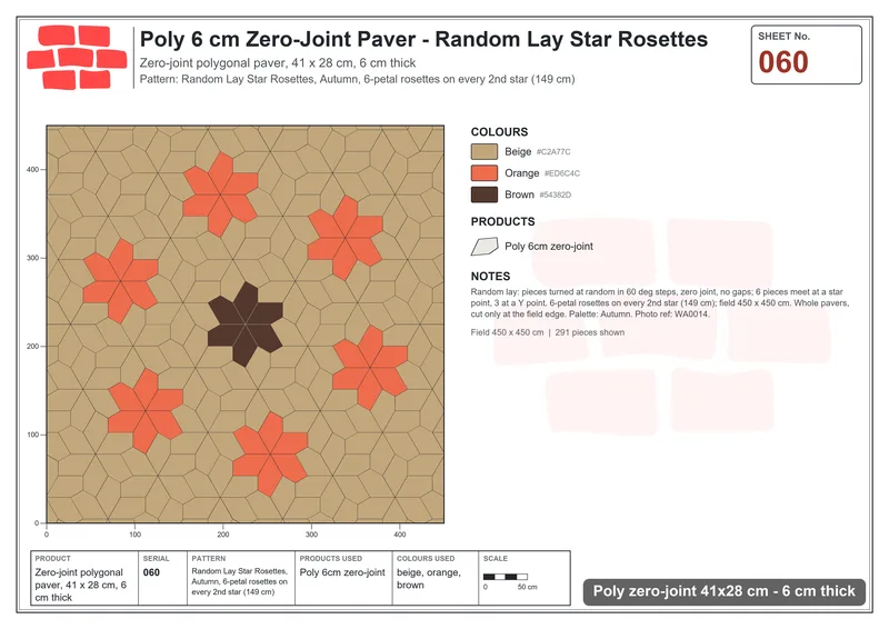 Interlock (Pasco) 41x28 cm · POL-060 · Random Lay Star Rosettes, Autumn, 6-petal rosettes on every 2nd star (149 cm) · Laying plan Interlock (Pasco) 41x28 cm · POL-060 · Random Lay Star Rosettes, Autumn, 6-petal rosettes on every 2nd star (149 cm) · Laying plan