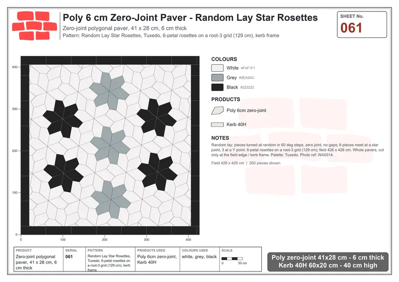 Interlock (Pasco) 41x28 cm · POL-061 · Random Lay Star Rosettes, Tuxedo, 6-petal rosettes on root-3 grid (129 cm), kerb frame · Laying plan Interlock (Pasco) 41x28 cm · POL-061 · Random Lay Star Rosettes, Tuxedo, 6-petal rosettes on root-3 grid (129 cm), kerb frame · Laying plan