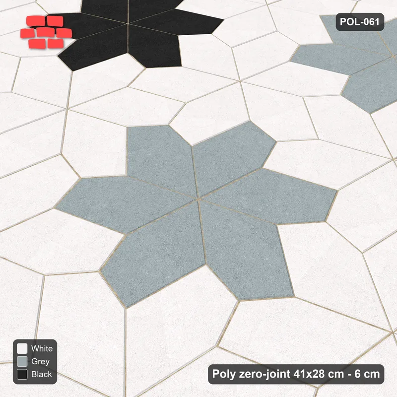 Interlock (Pasco) 41x28 cm · POL-061 · Random Lay Star Rosettes, Tuxedo, 6-petal rosettes on root-3 grid (129 cm), kerb frame · Side view Interlock (Pasco) 41x28 cm · POL-061 · Random Lay Star Rosettes, Tuxedo, 6-petal rosettes on root-3 grid (129 cm), kerb frame · Side view