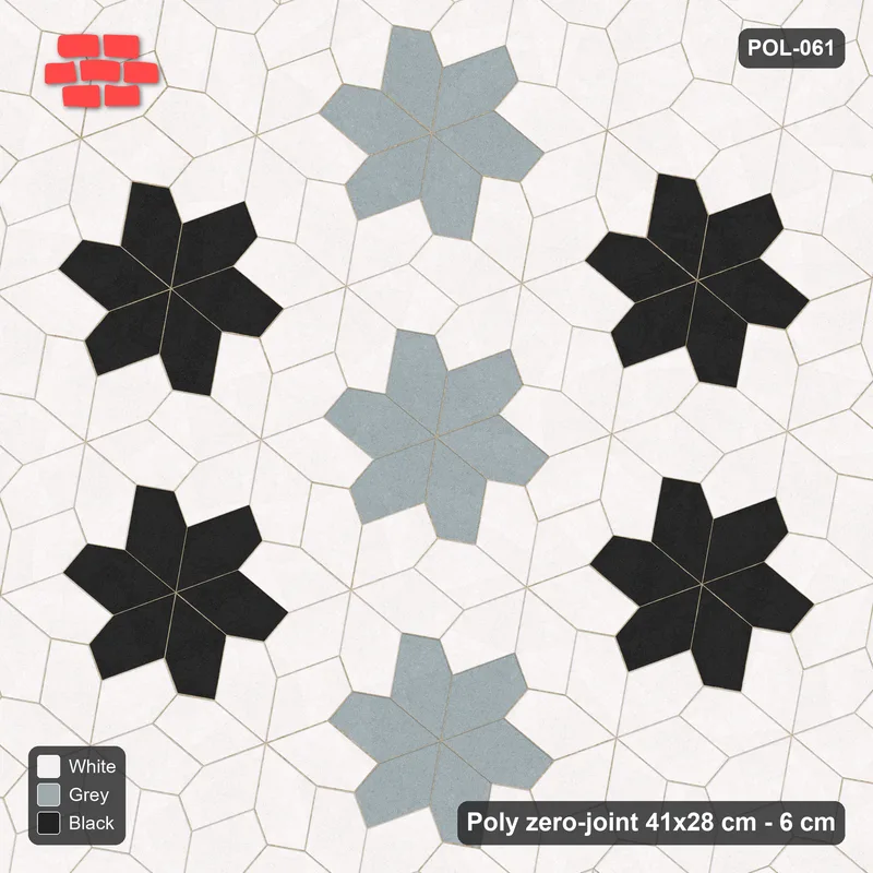 Interlock (Pasco) 41x28 cm · POL-061 · Random Lay Star Rosettes, Tuxedo, 6-petal rosettes on root-3 grid (129 cm), kerb frame · Top view Interlock (Pasco) 41x28 cm · POL-061 · Random Lay Star Rosettes, Tuxedo, 6-petal rosettes on root-3 grid (129 cm), kerb frame · Top view