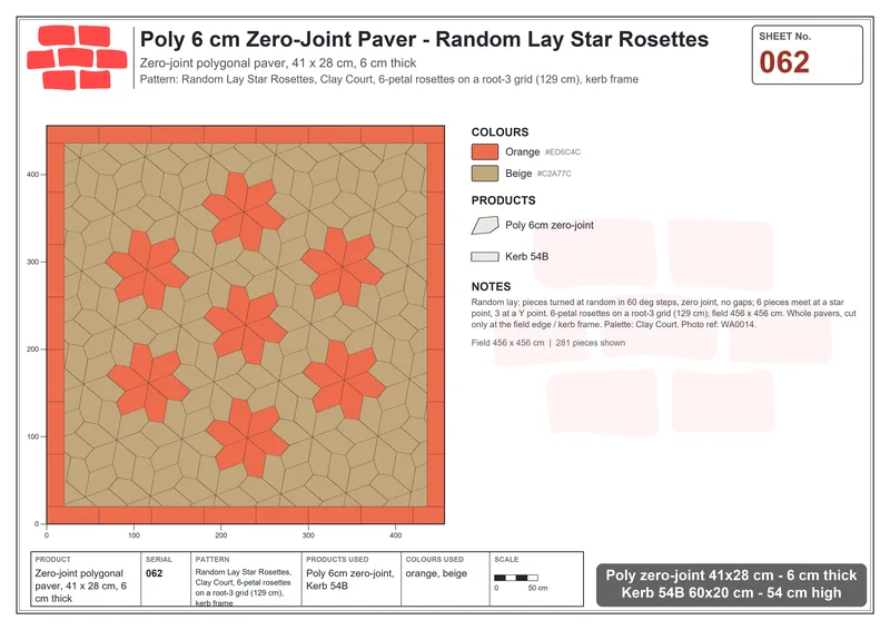 Interlock (Pasco) 41x28 cm · POL-062 · Random Lay Star Rosettes, Clay Court, 6-petal rosettes on root-3 grid (129 cm), kerb frame · Laying plan Interlock (Pasco) 41x28 cm · POL-062 · Random Lay Star Rosettes, Clay Court, 6-petal rosettes on root-3 grid (129 cm), kerb frame · Laying plan