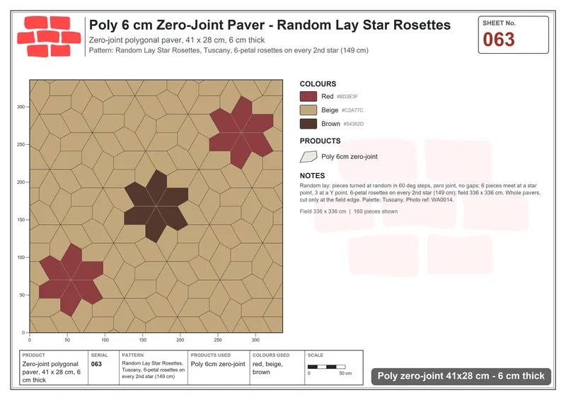 Interlock (Pasco) 41x28 cm · POL-063 · Random Lay Star Rosettes, Tuscany, 6-petal rosettes on every 2nd star (149 cm) · Laying plan Interlock (Pasco) 41x28 cm · POL-063 · Random Lay Star Rosettes, Tuscany, 6-petal rosettes on every 2nd star (149 cm) · Laying plan