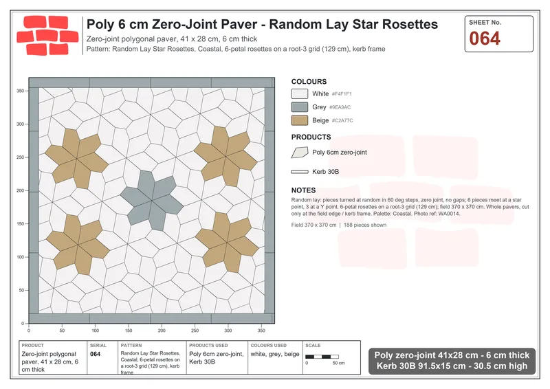Interlock (Pasco) 41x28 cm · POL-064 · Random Lay Star Rosettes, Coastal, 6-petal rosettes on root-3 grid (129 cm), kerb frame · Laying plan Interlock (Pasco) 41x28 cm · POL-064 · Random Lay Star Rosettes, Coastal, 6-petal rosettes on root-3 grid (129 cm), kerb frame · Laying plan