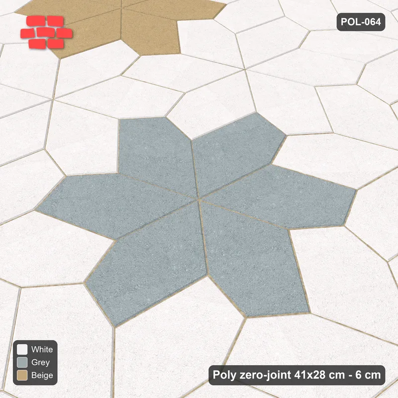 Interlock (Pasco) 41x28 cm · POL-064 · Random Lay Star Rosettes, Coastal, 6-petal rosettes on root-3 grid (129 cm), kerb frame · Side view Interlock (Pasco) 41x28 cm · POL-064 · Random Lay Star Rosettes, Coastal, 6-petal rosettes on root-3 grid (129 cm), kerb frame · Side view
