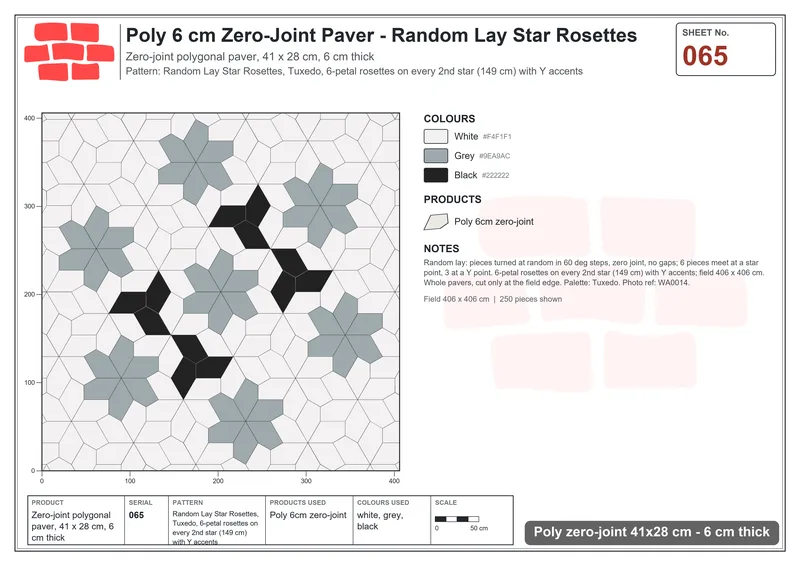 Interlock (Pasco) 41x28 cm · POL-065 · Random Lay Star Rosettes, Tuxedo, 6-petal rosettes on every 2nd star (149 cm) with Y accents · Laying plan Interlock (Pasco) 41x28 cm · POL-065 · Random Lay Star Rosettes, Tuxedo, 6-petal rosettes on every 2nd star (149 cm) with Y accents · Laying plan