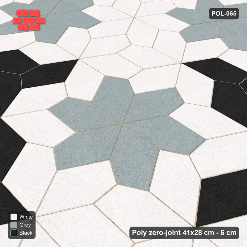 Interlock (Pasco) 41x28 cm · POL-065 · Random Lay Star Rosettes, Tuxedo, 6-petal rosettes on every 2nd star (149 cm) with Y accents · Side view Interlock (Pasco) 41x28 cm · POL-065 · Random Lay Star Rosettes, Tuxedo, 6-petal rosettes on every 2nd star (149 cm) with Y accents · Side view