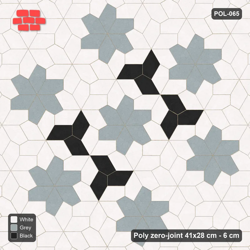 Interlock (Pasco) 41x28 cm · POL-065 · Random Lay Star Rosettes, Tuxedo, 6-petal rosettes on every 2nd star (149 cm) with Y accents · Top view Interlock (Pasco) 41x28 cm · POL-065 · Random Lay Star Rosettes, Tuxedo, 6-petal rosettes on every 2nd star (149 cm) with Y accents · Top view