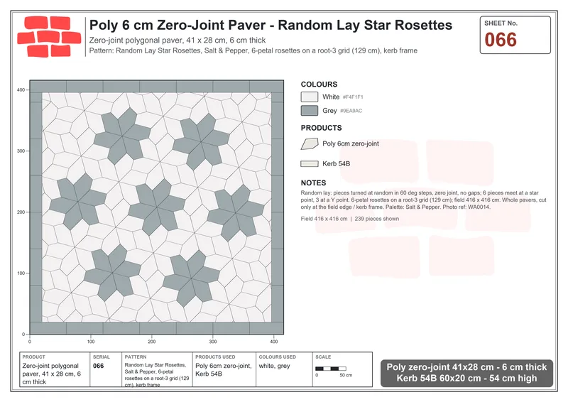 Interlock (Pasco) 41x28 cm · POL-066 · Random Lay Star Rosettes, Salt & Pepper, 6-petal rosettes on root-3 grid (129 cm), kerb frame · Laying plan Interlock (Pasco) 41x28 cm · POL-066 · Random Lay Star Rosettes, Salt & Pepper, 6-petal rosettes on root-3 grid (129 cm), kerb frame · Laying plan