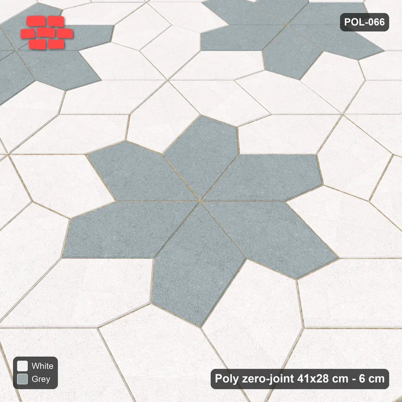 Interlock (Pasco) 41x28 cm · POL-066 · Random Lay Star Rosettes, Salt & Pepper, 6-petal rosettes on root-3 grid (129 cm), kerb frame · Side view Interlock (Pasco) 41x28 cm · POL-066 · Random Lay Star Rosettes, Salt & Pepper, 6-petal rosettes on root-3 grid (129 cm), kerb frame · Side view