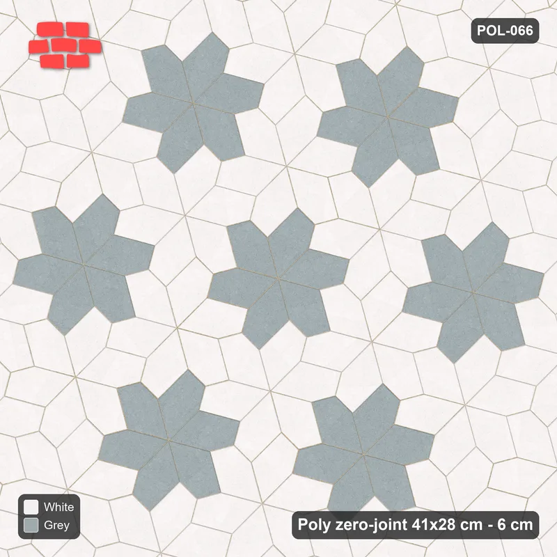 Interlock (Pasco) 41x28 cm · POL-066 · Random Lay Star Rosettes, Salt & Pepper, 6-petal rosettes on root-3 grid (129 cm), kerb frame · Top view Interlock (Pasco) 41x28 cm · POL-066 · Random Lay Star Rosettes, Salt & Pepper, 6-petal rosettes on root-3 grid (129 cm), kerb frame · Top view