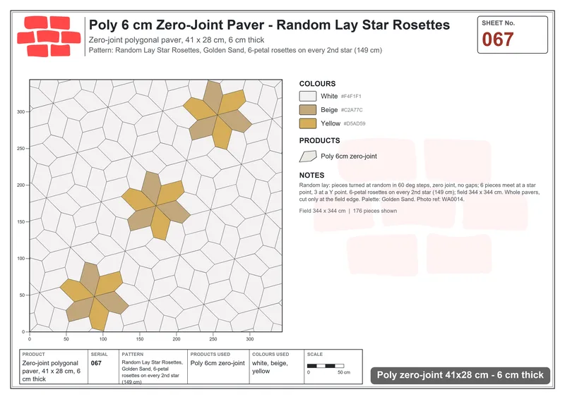 Interlock (Pasco) 41x28 cm · POL-067 · Random Lay Star Rosettes, Golden Sand, 6-petal rosettes on every 2nd star (149 cm) · Laying plan Interlock (Pasco) 41x28 cm · POL-067 · Random Lay Star Rosettes, Golden Sand, 6-petal rosettes on every 2nd star (149 cm) · Laying plan