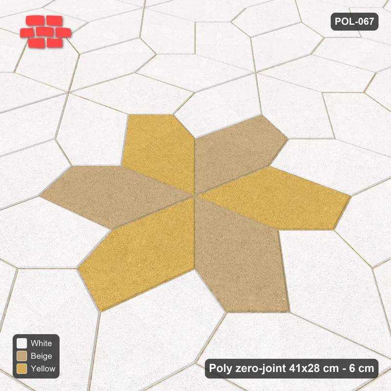 Interlock (Pasco) 41x28 cm · POL-067 · Random Lay Star Rosettes, Golden Sand, 6-petal rosettes on every 2nd star (149 cm) · Side view Interlock (Pasco) 41x28 cm · POL-067 · Random Lay Star Rosettes, Golden Sand, 6-petal rosettes on every 2nd star (149 cm) · Side view