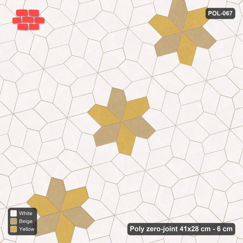 Interlock (Pasco) 41x28 cm · POL-067 · Random Lay Star Rosettes, Golden Sand, 6-petal rosettes on every 2nd star (149 cm) · Top view Interlock (Pasco) 41x28 cm · POL-067 · Random Lay Star Rosettes, Golden Sand, 6-petal rosettes on every 2nd star (149 cm) · Top view