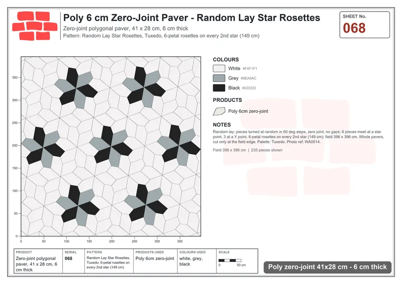 Interlock (Pasco) 41x28 cm · POL-068 · Random Lay Star Rosettes, Tuxedo, 6-petal rosettes on every 2nd star (149 cm) · Laying plan Interlock (Pasco) 41x28 cm · POL-068 · Random Lay Star Rosettes, Tuxedo, 6-petal rosettes on every 2nd star (149 cm) · Laying plan