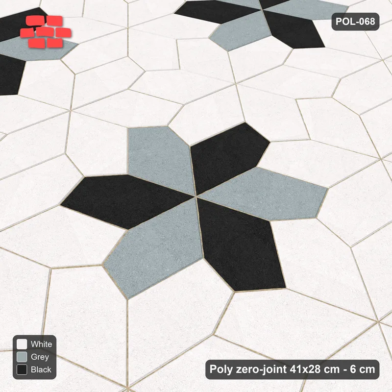 Interlock (Pasco) 41x28 cm · POL-068 · Random Lay Star Rosettes, Tuxedo, 6-petal rosettes on every 2nd star (149 cm) · Side view Interlock (Pasco) 41x28 cm · POL-068 · Random Lay Star Rosettes, Tuxedo, 6-petal rosettes on every 2nd star (149 cm) · Side view