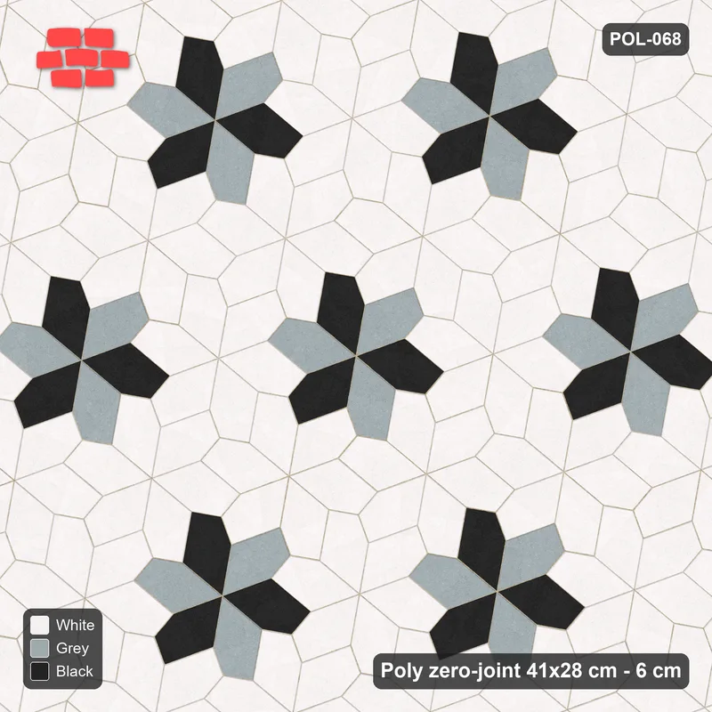 Interlock (Pasco) 41x28 cm · POL-068 · Random Lay Star Rosettes, Tuxedo, 6-petal rosettes on every 2nd star (149 cm) · Top view Interlock (Pasco) 41x28 cm · POL-068 · Random Lay Star Rosettes, Tuxedo, 6-petal rosettes on every 2nd star (149 cm) · Top view