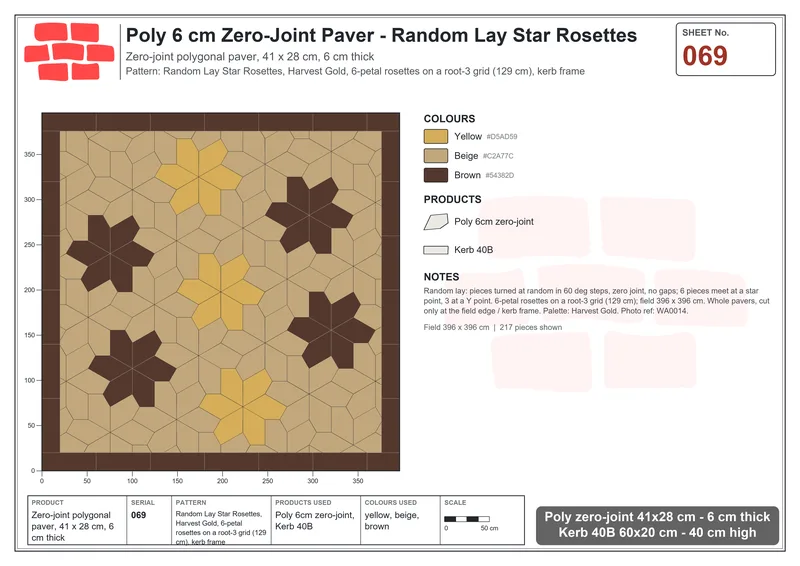 Interlock (Pasco) 41x28 cm · POL-069 · Random Lay Star Rosettes, Harvest Gold, 6-petal rosettes on root-3 grid (129 cm), kerb frame · Laying plan Interlock (Pasco) 41x28 cm · POL-069 · Random Lay Star Rosettes, Harvest Gold, 6-petal rosettes on root-3 grid (129 cm), kerb frame · Laying plan