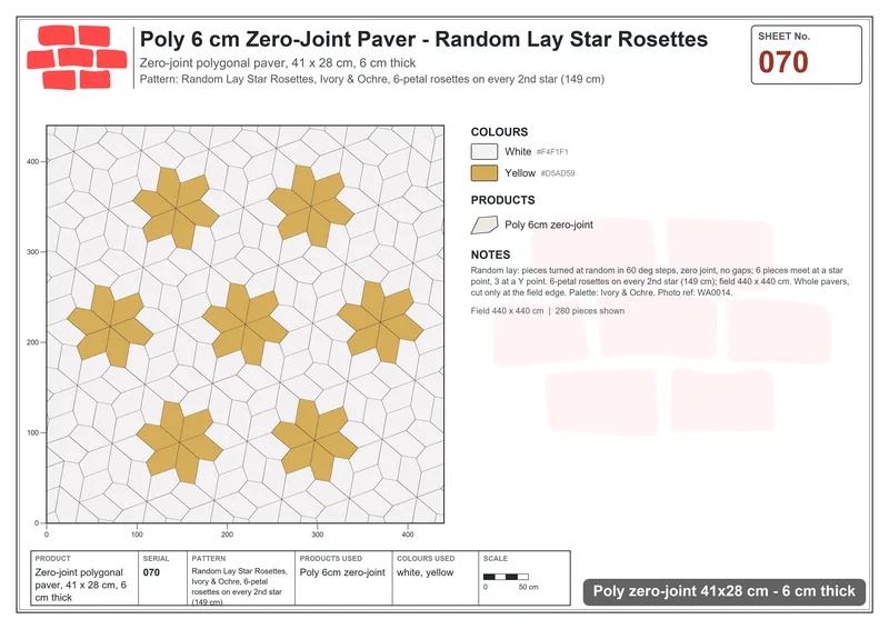 Interlock (Pasco) 41x28 cm · POL-070 · Random Lay Star Rosettes, Ivory & Ochre, 6-petal rosettes on every 2nd star (149 cm) · Laying plan Interlock (Pasco) 41x28 cm · POL-070 · Random Lay Star Rosettes, Ivory & Ochre, 6-petal rosettes on every 2nd star (149 cm) · Laying plan