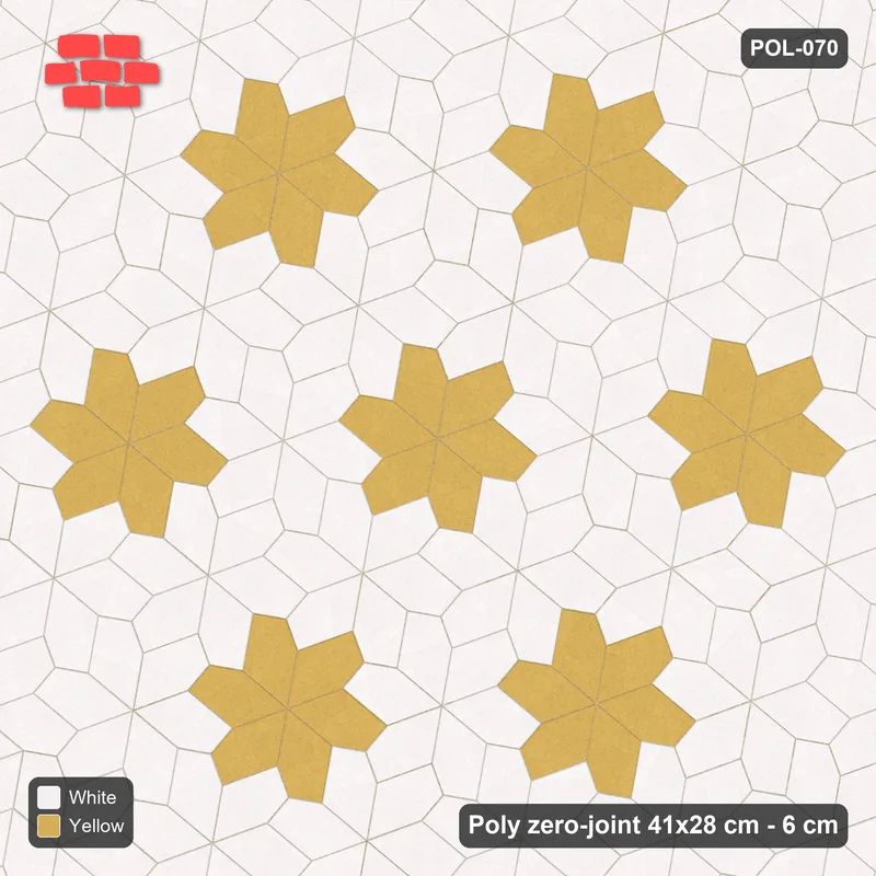 Interlock (Pasco) 41x28 cm · POL-070 · Random Lay Star Rosettes, Ivory & Ochre, 6-petal rosettes on every 2nd star (149 cm) · Top view Interlock (Pasco) 41x28 cm · POL-070 · Random Lay Star Rosettes, Ivory & Ochre, 6-petal rosettes on every 2nd star (149 cm) · Top view