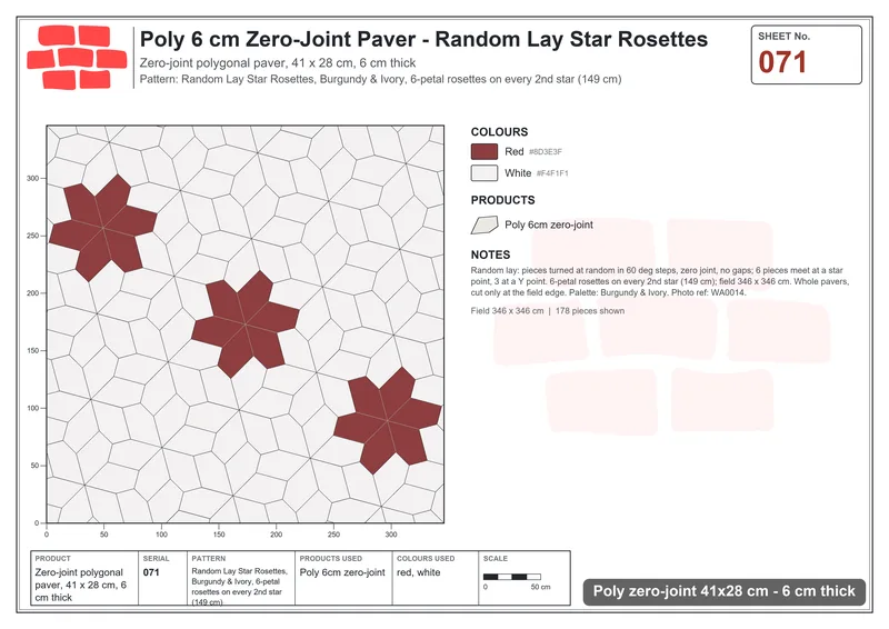 Interlock (Pasco) 41x28 cm · POL-071 · Random Lay Star Rosettes, Burgundy & Ivory, 6-petal rosettes on every 2nd star (149 cm) · Laying plan Interlock (Pasco) 41x28 cm · POL-071 · Random Lay Star Rosettes, Burgundy & Ivory, 6-petal rosettes on every 2nd star (149 cm) · Laying plan