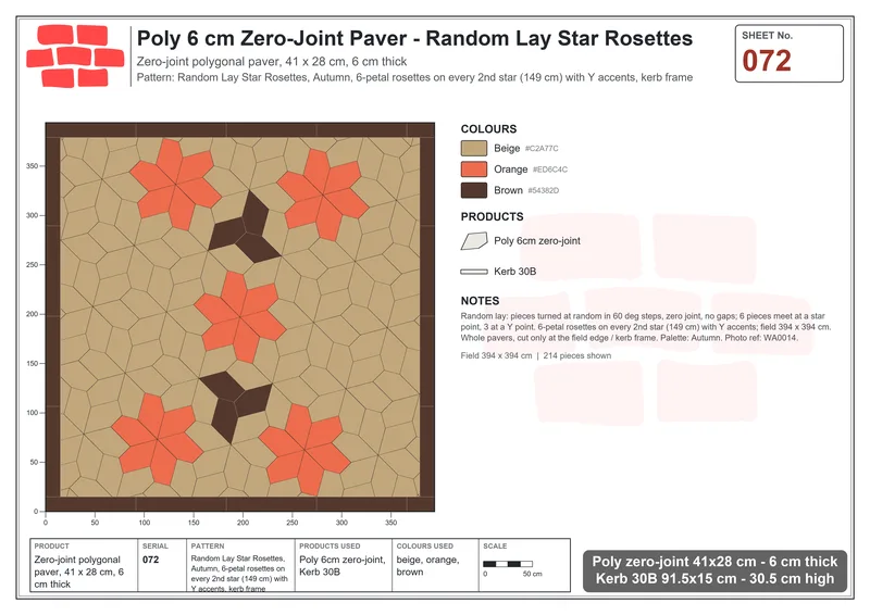 Interlock (Pasco) 41x28 cm · POL-072 · Random Lay Star Rosettes, Autumn, 6-petal rosettes on every 2nd star (149 cm) with Y accents, kerb frame · Laying plan Interlock (Pasco) 41x28 cm · POL-072 · Random Lay Star Rosettes, Autumn, 6-petal rosettes on every 2nd star (149 cm) with Y accents, kerb frame · Laying plan