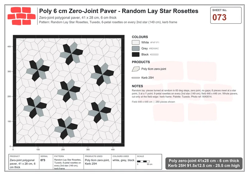 Interlock (Pasco) 41x28 cm · POL-073 · Random Lay Star Rosettes, Tuxedo, 6-petal rosettes on every 2nd star (149 cm), kerb frame · Laying plan Interlock (Pasco) 41x28 cm · POL-073 · Random Lay Star Rosettes, Tuxedo, 6-petal rosettes on every 2nd star (149 cm), kerb frame · Laying plan