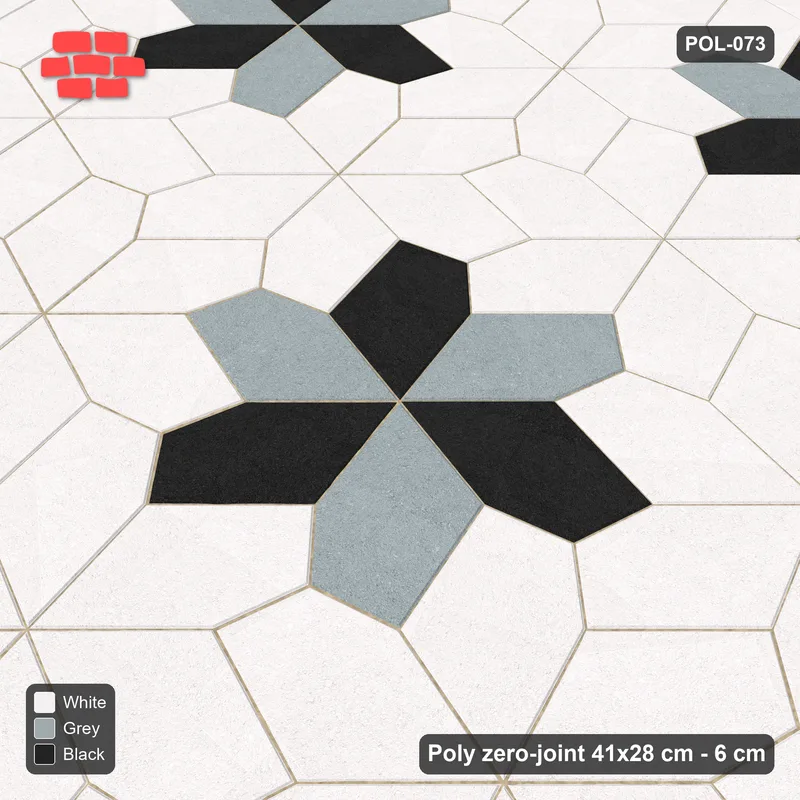 Interlock (Pasco) 41x28 cm · POL-073 · Random Lay Star Rosettes, Tuxedo, 6-petal rosettes on every 2nd star (149 cm), kerb frame · Side view Interlock (Pasco) 41x28 cm · POL-073 · Random Lay Star Rosettes, Tuxedo, 6-petal rosettes on every 2nd star (149 cm), kerb frame · Side view