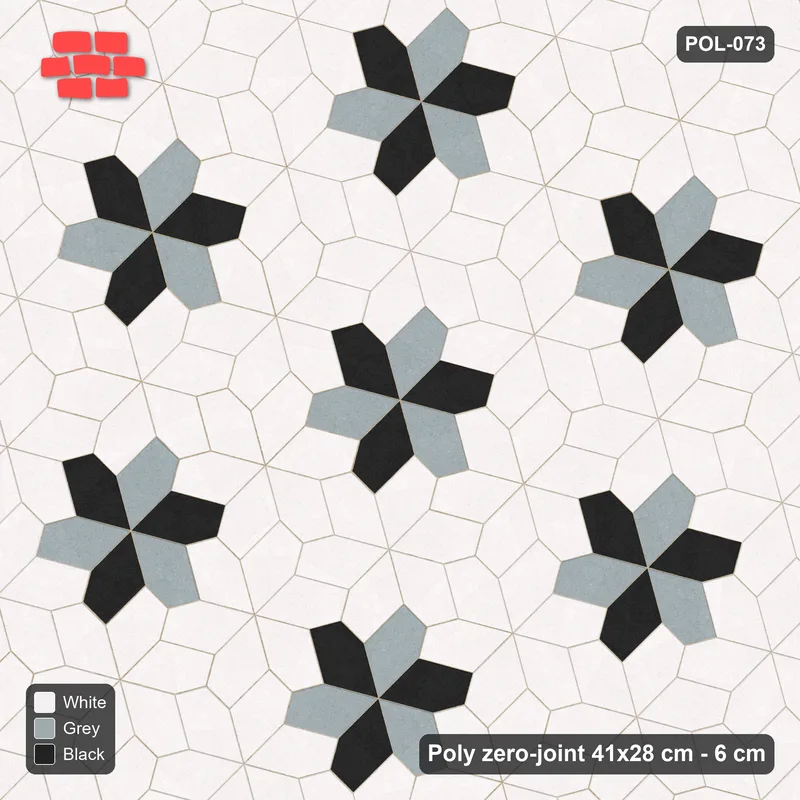 Interlock (Pasco) 41x28 cm · POL-073 · Random Lay Star Rosettes, Tuxedo, 6-petal rosettes on every 2nd star (149 cm), kerb frame · Top view Interlock (Pasco) 41x28 cm · POL-073 · Random Lay Star Rosettes, Tuxedo, 6-petal rosettes on every 2nd star (149 cm), kerb frame · Top view
