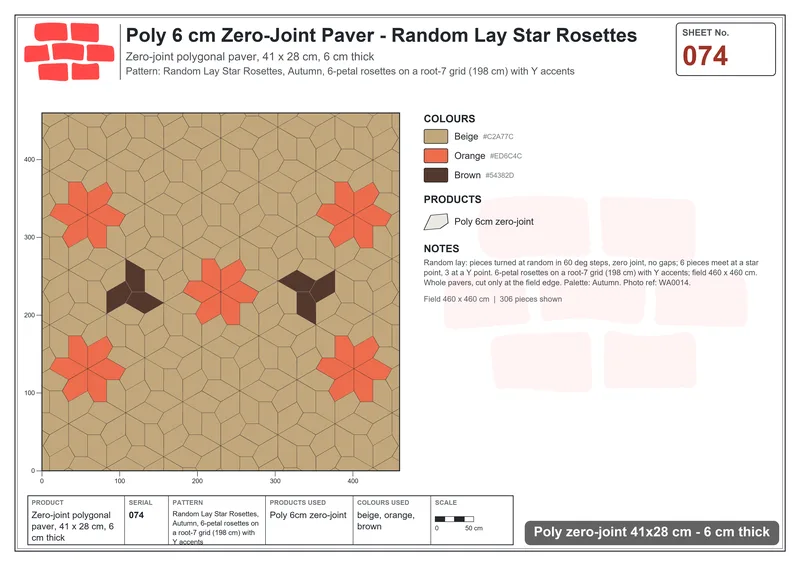 Interlock (Pasco) 41x28 cm · POL-074 · Random Lay Star Rosettes, Autumn, 6-petal rosettes on root-7 grid (198 cm) with Y accents · Laying plan Interlock (Pasco) 41x28 cm · POL-074 · Random Lay Star Rosettes, Autumn, 6-petal rosettes on root-7 grid (198 cm) with Y accents · Laying plan