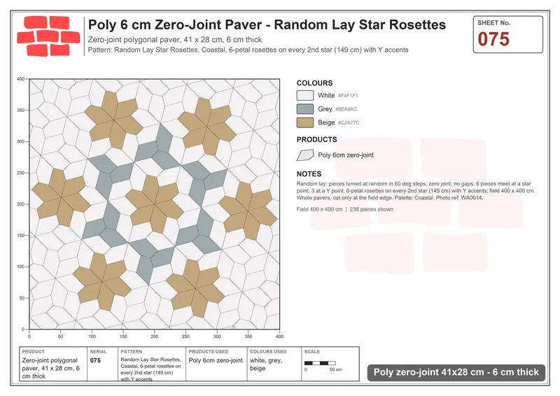 Interlock (Pasco) 41x28 cm · POL-075 · Random Lay Star Rosettes, Coastal, 6-petal rosettes on every 2nd star (149 cm) with Y accents · Laying plan Interlock (Pasco) 41x28 cm · POL-075 · Random Lay Star Rosettes, Coastal, 6-petal rosettes on every 2nd star (149 cm) with Y accents · Laying plan