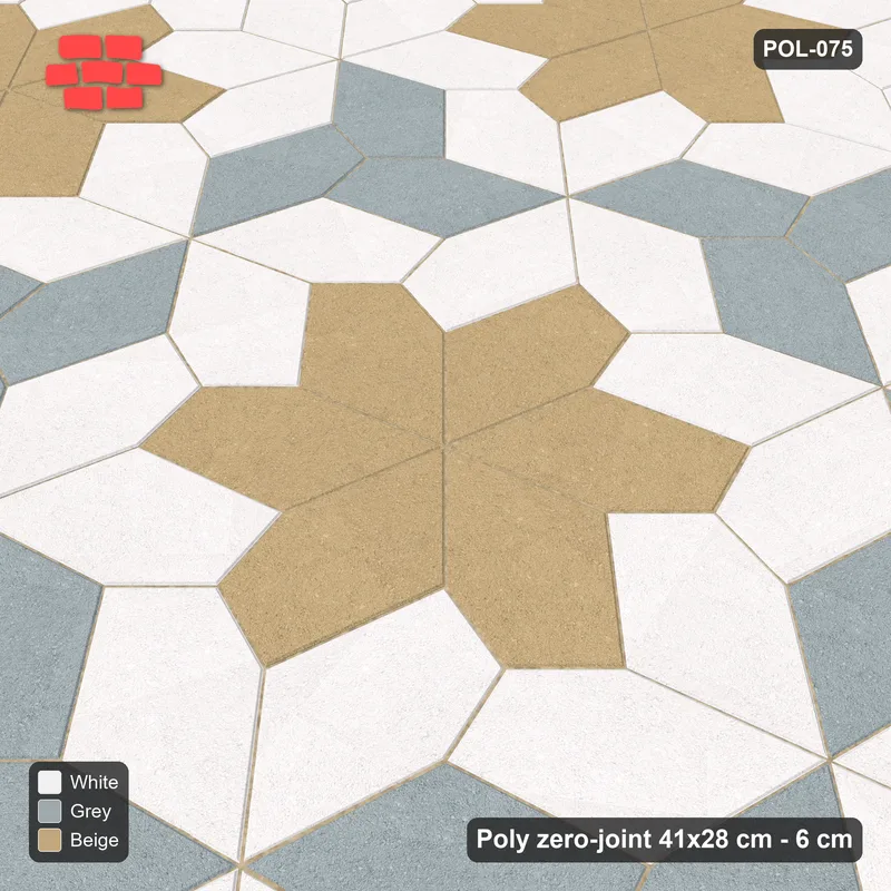 Interlock (Pasco) 41x28 cm · POL-075 · Random Lay Star Rosettes, Coastal, 6-petal rosettes on every 2nd star (149 cm) with Y accents · Side view Interlock (Pasco) 41x28 cm · POL-075 · Random Lay Star Rosettes, Coastal, 6-petal rosettes on every 2nd star (149 cm) with Y accents · Side view