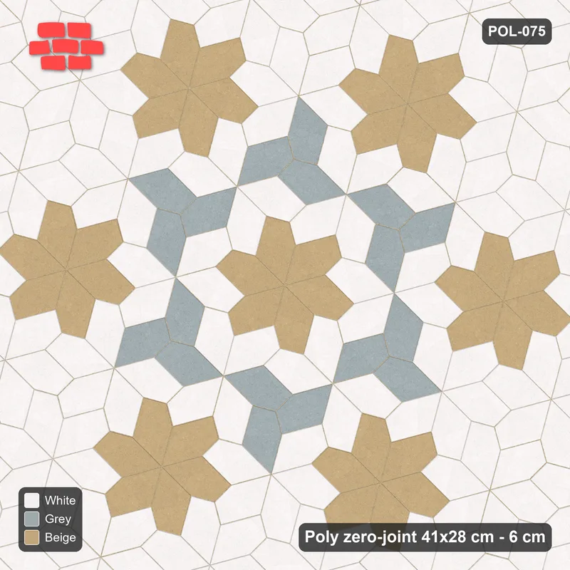 Interlock (Pasco) 41x28 cm · POL-075 · Random Lay Star Rosettes, Coastal, 6-petal rosettes on every 2nd star (149 cm) with Y accents · Top view Interlock (Pasco) 41x28 cm · POL-075 · Random Lay Star Rosettes, Coastal, 6-petal rosettes on every 2nd star (149 cm) with Y accents · Top view