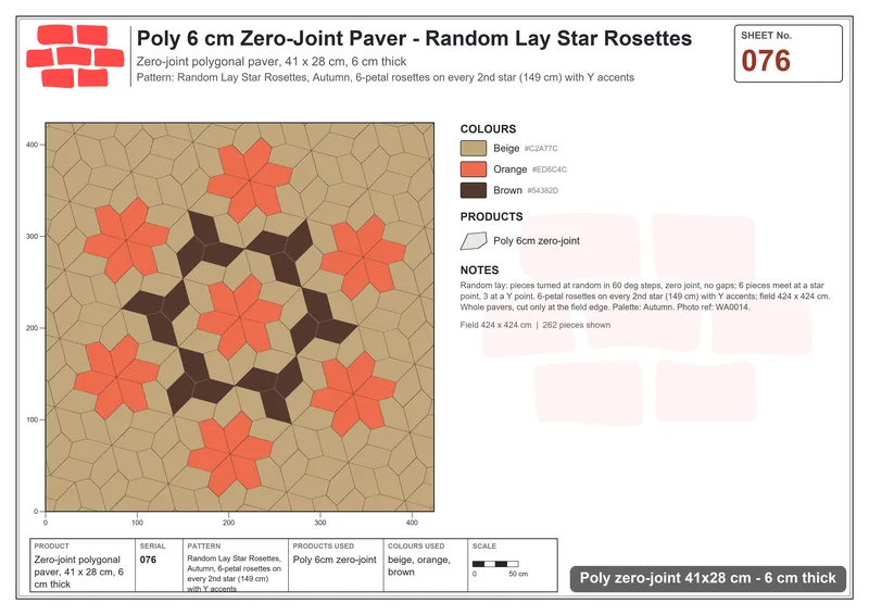 Interlock (Pasco) 41x28 cm · POL-076 · Random Lay Star Rosettes, Autumn, 6-petal rosettes on every 2nd star (149 cm) with Y accents · Laying plan Interlock (Pasco) 41x28 cm · POL-076 · Random Lay Star Rosettes, Autumn, 6-petal rosettes on every 2nd star (149 cm) with Y accents · Laying plan
