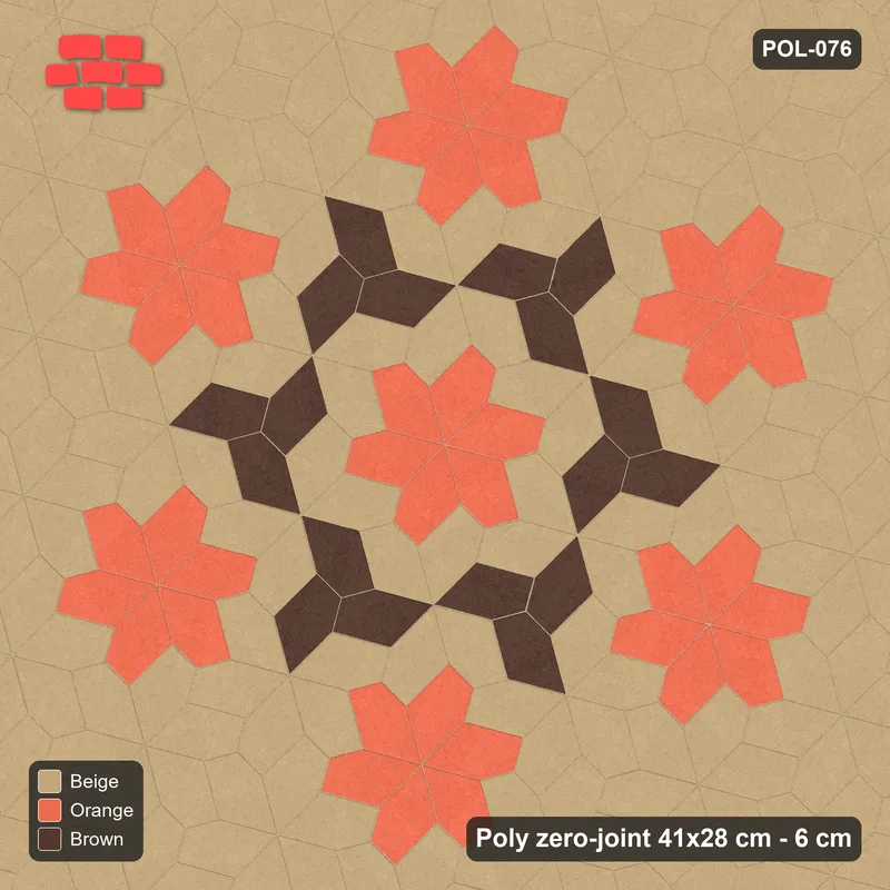 Interlock (Pasco) 41x28 cm · POL-076 · Random Lay Star Rosettes, Autumn, 6-petal rosettes on every 2nd star (149 cm) with Y accents · Top view Interlock (Pasco) 41x28 cm · POL-076 · Random Lay Star Rosettes, Autumn, 6-petal rosettes on every 2nd star (149 cm) with Y accents · Top view