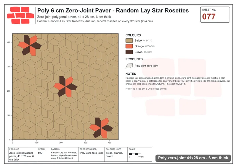 Interlock (Pasco) 41x28 cm · POL-077 · Random Lay Star Rosettes, Autumn, 6-petal rosettes on every 3rd star (224 cm) · Laying plan Interlock (Pasco) 41x28 cm · POL-077 · Random Lay Star Rosettes, Autumn, 6-petal rosettes on every 3rd star (224 cm) · Laying plan