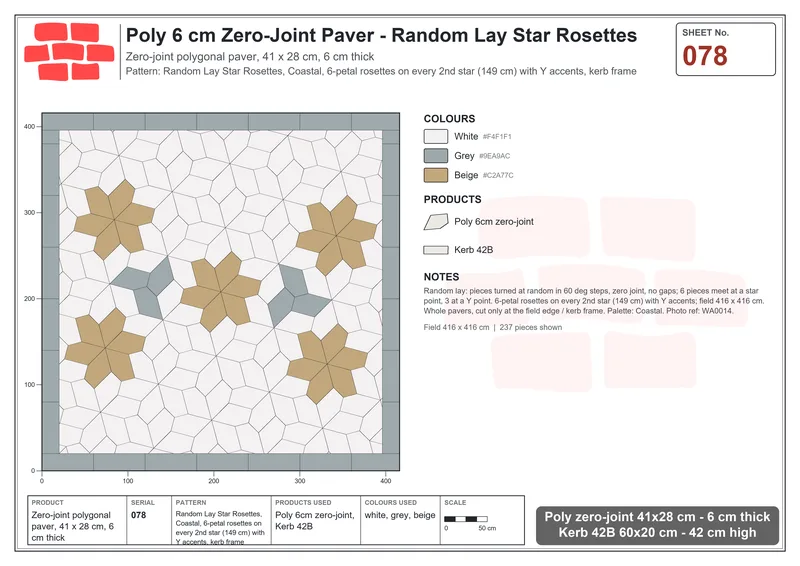Interlock (Pasco) 41x28 cm · POL-078 · Random Lay Star Rosettes, Coastal, 6-petal rosettes on every 2nd star (149 cm) with Y accents, kerb frame · Laying plan Interlock (Pasco) 41x28 cm · POL-078 · Random Lay Star Rosettes, Coastal, 6-petal rosettes on every 2nd star (149 cm) with Y accents, kerb frame · Laying plan