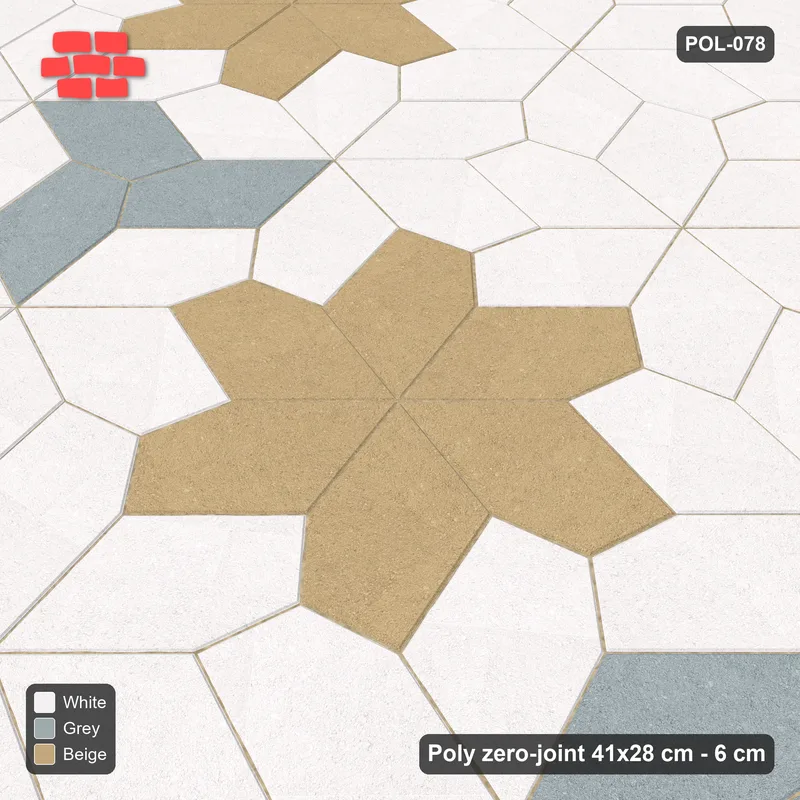Interlock (Pasco) 41x28 cm · POL-078 · Random Lay Star Rosettes, Coastal, 6-petal rosettes on every 2nd star (149 cm) with Y accents, kerb frame · Side view Interlock (Pasco) 41x28 cm · POL-078 · Random Lay Star Rosettes, Coastal, 6-petal rosettes on every 2nd star (149 cm) with Y accents, kerb frame · Side view
