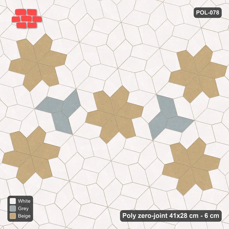 Interlock (Pasco) 41x28 cm · POL-078 · Random Lay Star Rosettes, Coastal, 6-petal rosettes on every 2nd star (149 cm) with Y accents, kerb frame · Top view Interlock (Pasco) 41x28 cm · POL-078 · Random Lay Star Rosettes, Coastal, 6-petal rosettes on every 2nd star (149 cm) with Y accents, kerb frame · Top view