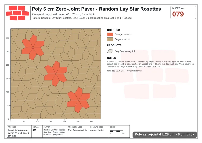 Interlock (Pasco) 41x28 cm · POL-079 · Random Lay Star Rosettes, Clay Court, 6-petal rosettes on root-3 grid (129 cm) · Laying plan Interlock (Pasco) 41x28 cm · POL-079 · Random Lay Star Rosettes, Clay Court, 6-petal rosettes on root-3 grid (129 cm) · Laying plan