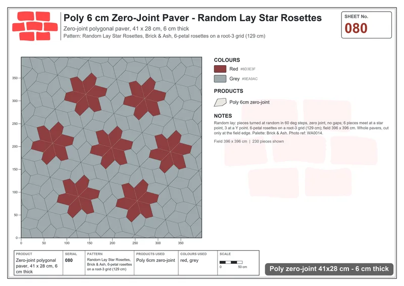 Interlock (Pasco) 41x28 cm · POL-080 · Random Lay Star Rosettes, Brick & Ash, 6-petal rosettes on root-3 grid (129 cm) · Laying plan Interlock (Pasco) 41x28 cm · POL-080 · Random Lay Star Rosettes, Brick & Ash, 6-petal rosettes on root-3 grid (129 cm) · Laying plan