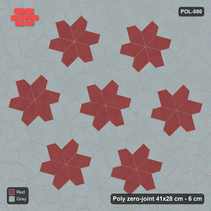 Interlock (Pasco) 41x28 cm · POL-080 · Random Lay Star Rosettes, Brick & Ash, 6-petal rosettes on root-3 grid (129 cm) · Top view Interlock (Pasco) 41x28 cm · POL-080 · Random Lay Star Rosettes, Brick & Ash, 6-petal rosettes on root-3 grid (129 cm) · Top view