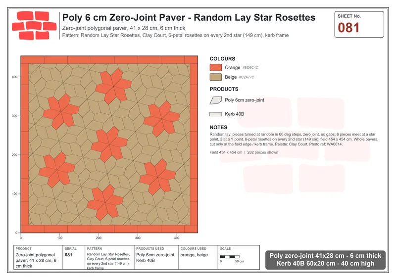 Interlock (Pasco) 41x28 cm · POL-081 · Random Lay Star Rosettes, Clay Court, 6-petal rosettes on every 2nd star (149 cm), kerb frame · Laying plan Interlock (Pasco) 41x28 cm · POL-081 · Random Lay Star Rosettes, Clay Court, 6-petal rosettes on every 2nd star (149 cm), kerb frame · Laying plan