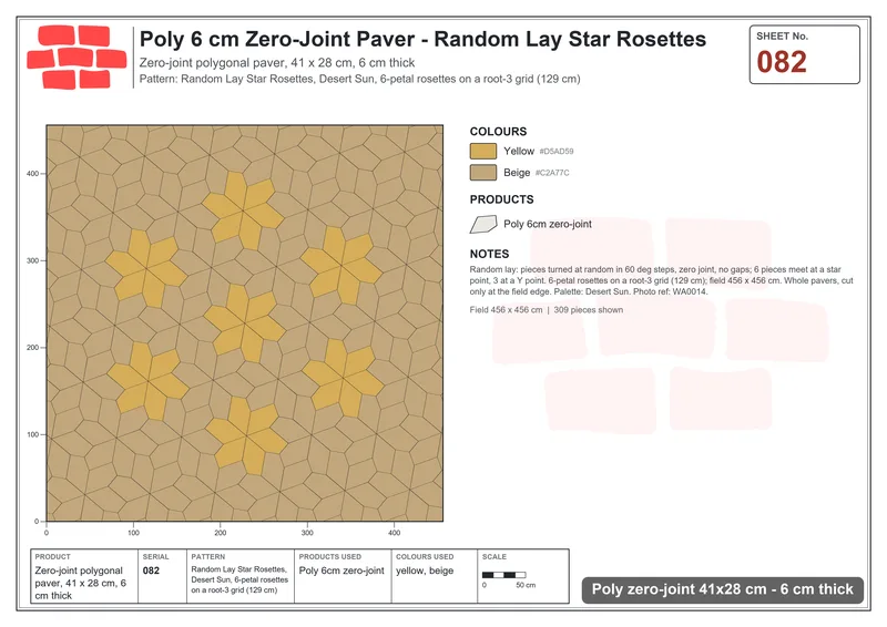 Interlock (Pasco) 41x28 cm · POL-082 · Random Lay Star Rosettes, Desert Sun, 6-petal rosettes on root-3 grid (129 cm) · Laying plan Interlock (Pasco) 41x28 cm · POL-082 · Random Lay Star Rosettes, Desert Sun, 6-petal rosettes on root-3 grid (129 cm) · Laying plan