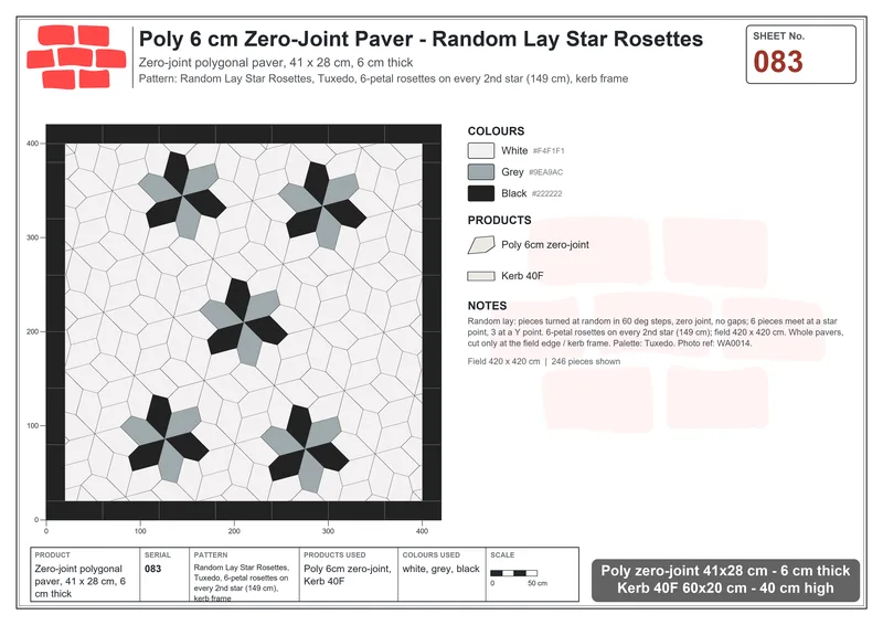 Interlock (Pasco) 41x28 cm · POL-083 · Random Lay Star Rosettes, Tuxedo, 6-petal rosettes on every 2nd star (149 cm), kerb frame · Laying plan Interlock (Pasco) 41x28 cm · POL-083 · Random Lay Star Rosettes, Tuxedo, 6-petal rosettes on every 2nd star (149 cm), kerb frame · Laying plan