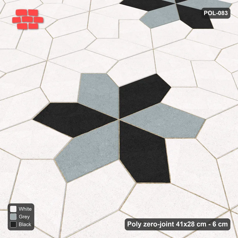 Interlock (Pasco) 41x28 cm · POL-083 · Random Lay Star Rosettes, Tuxedo, 6-petal rosettes on every 2nd star (149 cm), kerb frame · Side view Interlock (Pasco) 41x28 cm · POL-083 · Random Lay Star Rosettes, Tuxedo, 6-petal rosettes on every 2nd star (149 cm), kerb frame · Side view