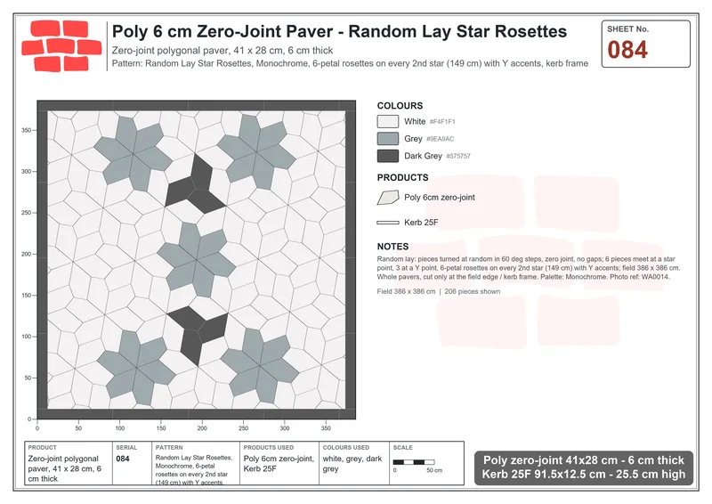 Interlock (Pasco) 41x28 cm · POL-084 · Random Lay Star Rosettes, Monochrome, 6-petal rosettes on every 2nd star (149 cm) with Y accents, kerb frame · Laying plan Interlock (Pasco) 41x28 cm · POL-084 · Random Lay Star Rosettes, Monochrome, 6-petal rosettes on every 2nd star (149 cm) with Y accents, kerb frame · Laying plan