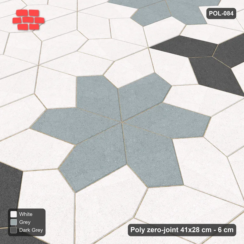 Interlock (Pasco) 41x28 cm · POL-084 · Random Lay Star Rosettes, Monochrome, 6-petal rosettes on every 2nd star (149 cm) with Y accents, kerb frame · Side view Interlock (Pasco) 41x28 cm · POL-084 · Random Lay Star Rosettes, Monochrome, 6-petal rosettes on every 2nd star (149 cm) with Y accents, kerb frame · Side view
