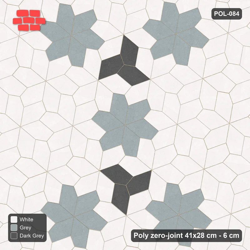 Interlock (Pasco) 41x28 cm · POL-084 · Random Lay Star Rosettes, Monochrome, 6-petal rosettes on every 2nd star (149 cm) with Y accents, kerb frame · Top view Interlock (Pasco) 41x28 cm · POL-084 · Random Lay Star Rosettes, Monochrome, 6-petal rosettes on every 2nd star (149 cm) with Y accents, kerb frame · Top view