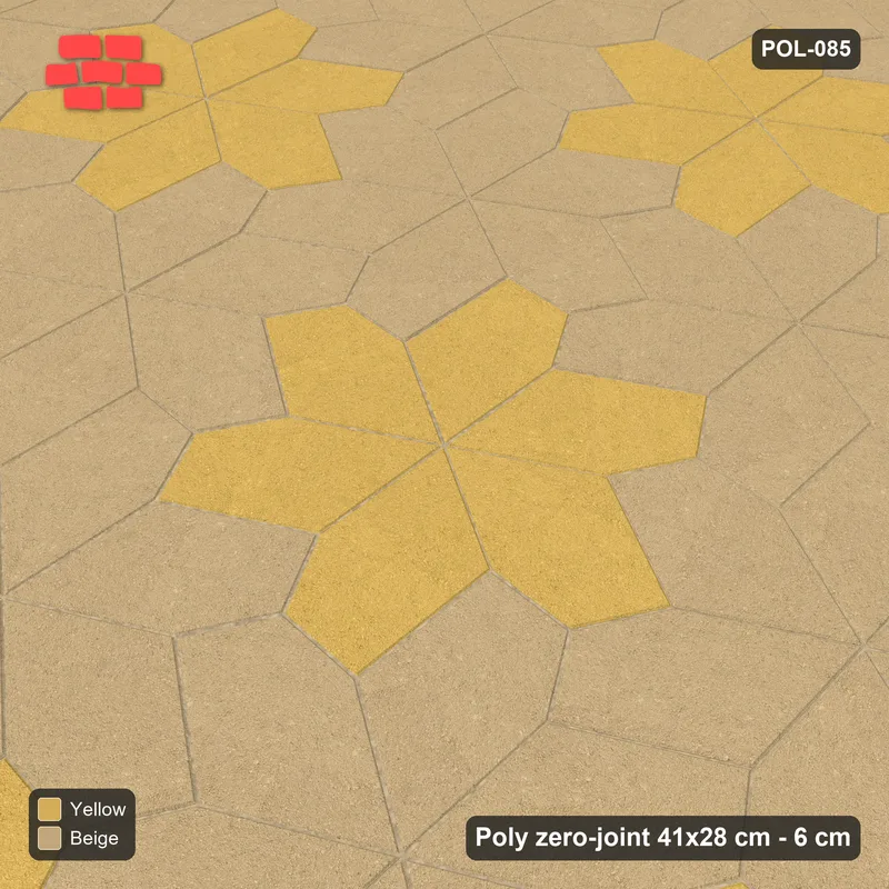 Interlock (Pasco) 41x28 cm · POL-085 · Random Lay Star Rosettes, Desert Sun, 6-petal rosettes on root-3 grid (129 cm), kerb frame · Side view Interlock (Pasco) 41x28 cm · POL-085 · Random Lay Star Rosettes, Desert Sun, 6-petal rosettes on root-3 grid (129 cm), kerb frame · Side view