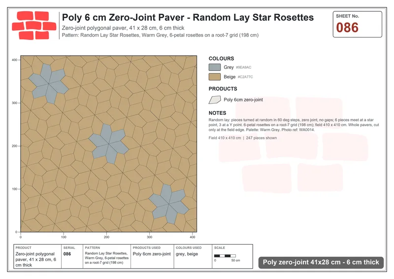 Interlock (Pasco) 41x28 cm · POL-086 · Random Lay Star Rosettes, Warm Grey, 6-petal rosettes on root-7 grid (198 cm) · Laying plan Interlock (Pasco) 41x28 cm · POL-086 · Random Lay Star Rosettes, Warm Grey, 6-petal rosettes on root-7 grid (198 cm) · Laying plan